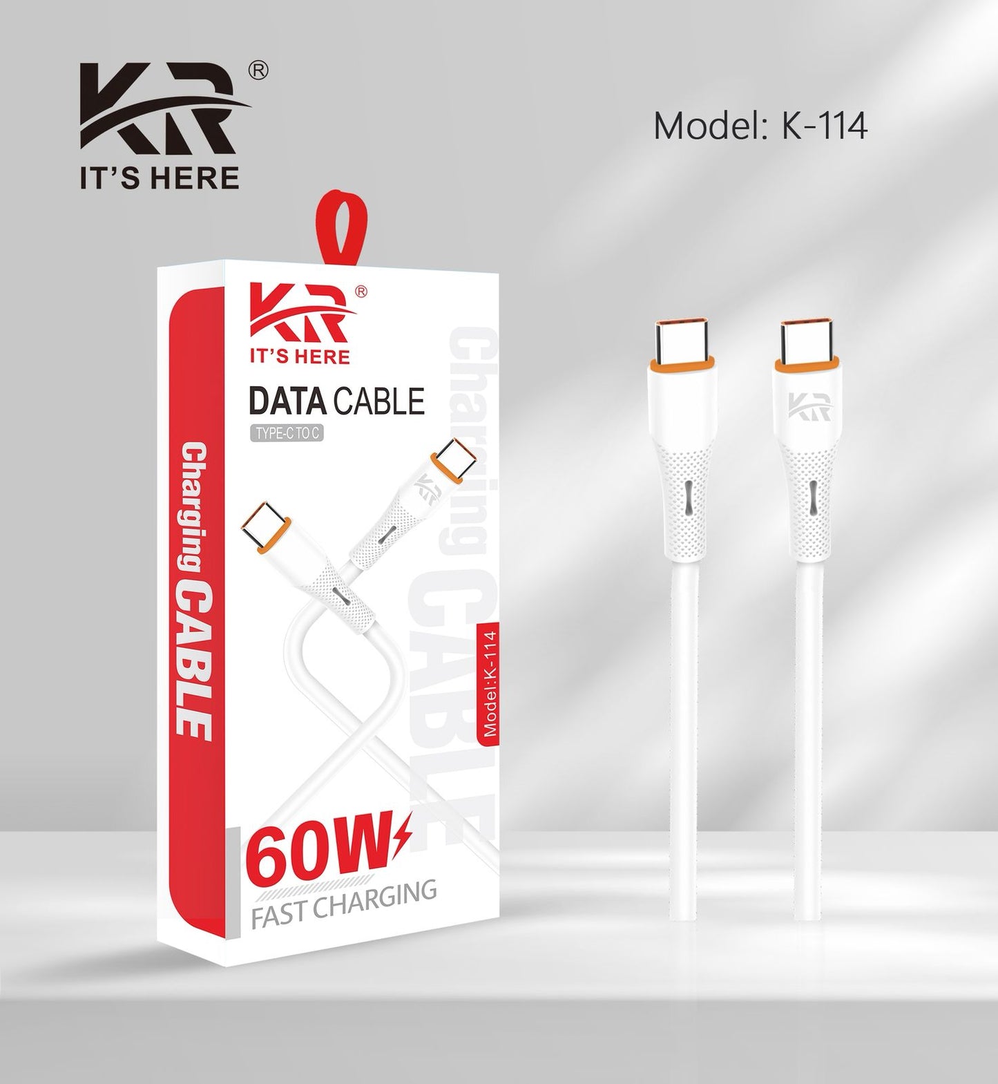 Type-C to Type-C Data Cable, 60W Fast Charging, Heavy-Duty Braided, USB-C to USB-C, KR-114