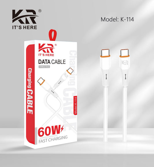 Type-C to Type-C Data Cable, 60W Fast Charging, Heavy-Duty Braided, USB-C to USB-C, KR-114