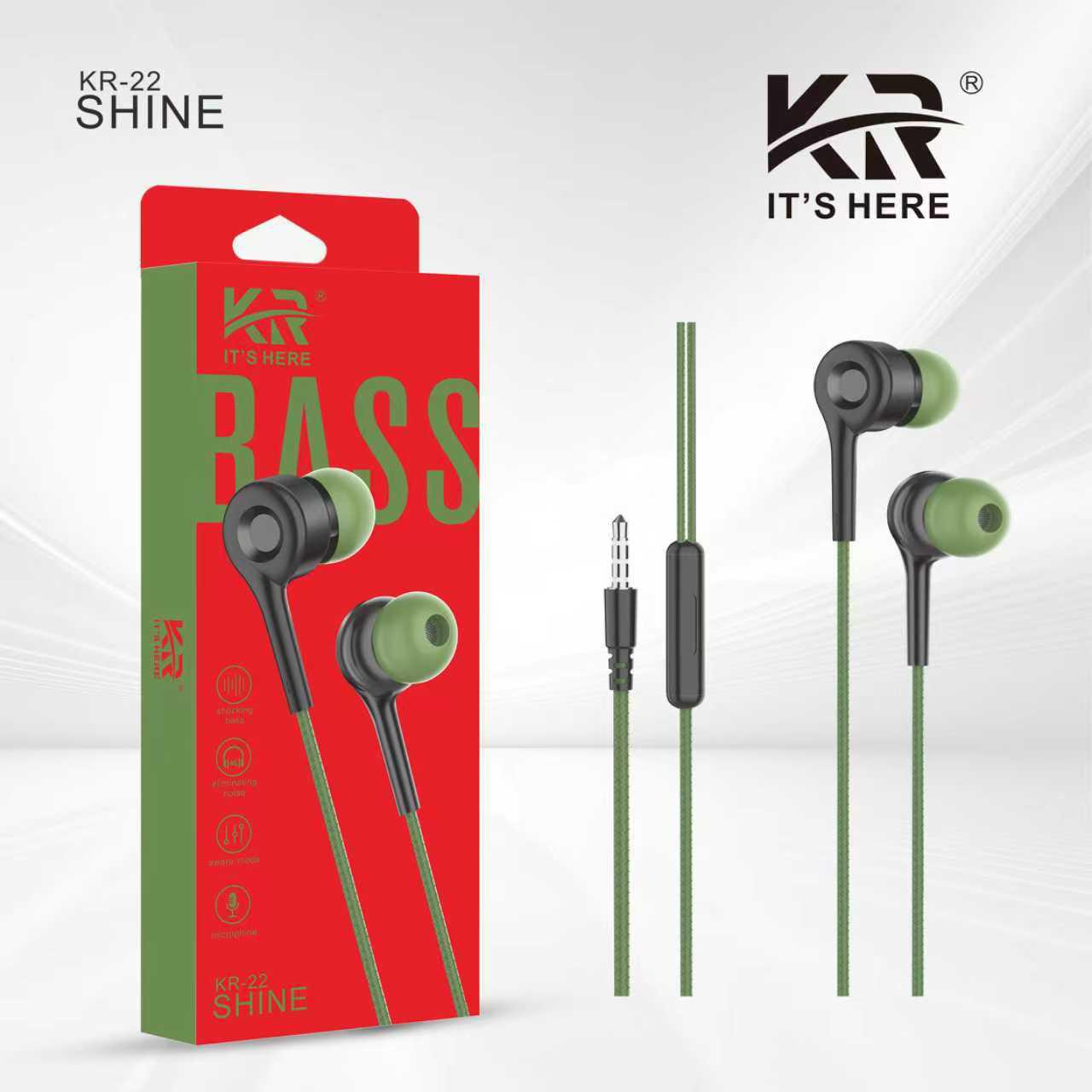 Shine Wired Earphones with Deep Bass, In-Line Mic & Tangle-Free Cable - KR-22