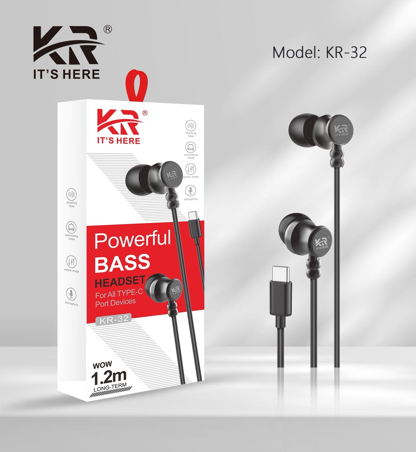 Powerful Bass Wired Earphones, USB Type-C, Mic & Remote, 1.2 Meter, Black & White, KR-32