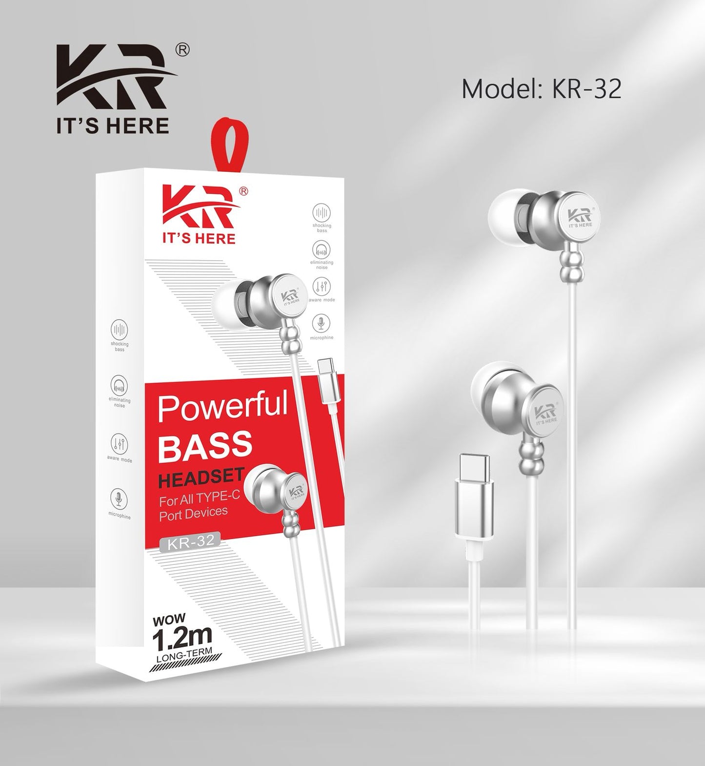 Powerful Bass Wired Earphones, USB Type-C, Mic & Remote, 1.2 Meter, Black & White, KR-32