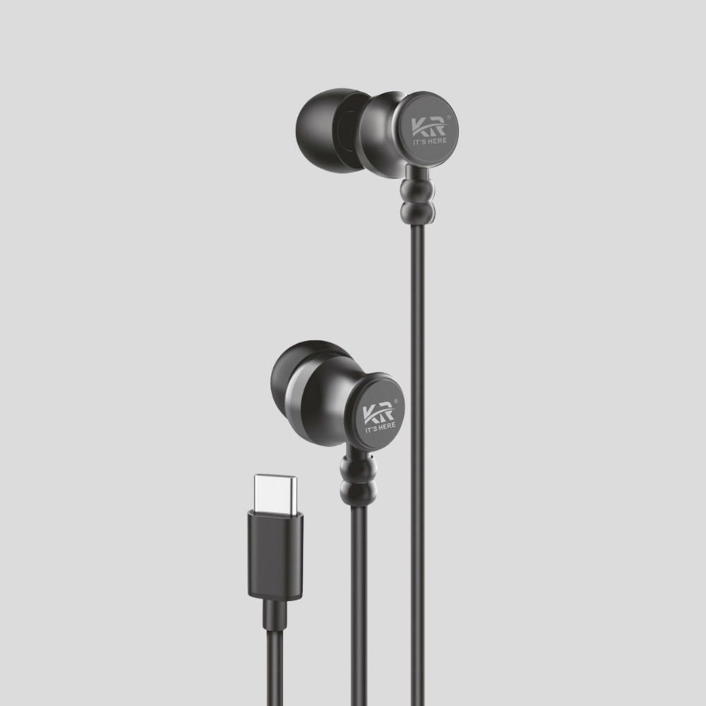 Powerful Bass Wired Earphones, USB Type-C, Mic & Remote, 1.2 Meter, Black & White, KR-32
