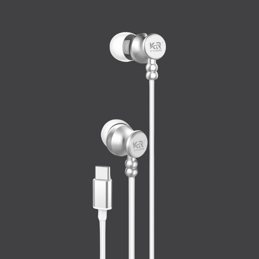 Powerful Bass Wired Earphones, USB Type-C, Mic & Remote, 1.2 Meter, Black & White, KR-32