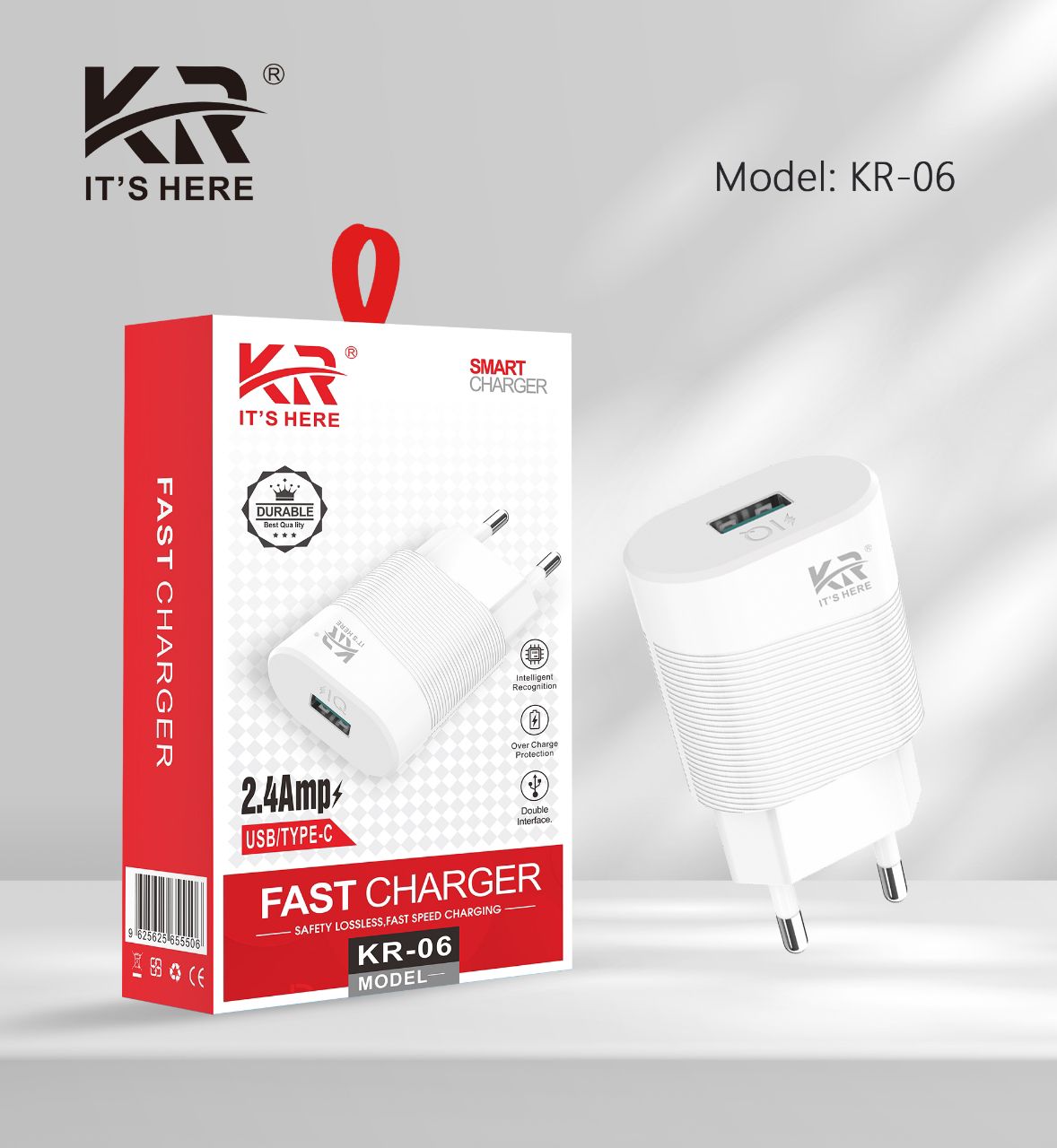 Smart Fast Charger, 2.4A USB/Type-C Output, Durable Design, Overcharge Protection, KR-06