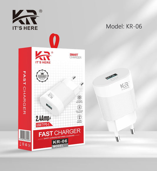 Smart Fast Charger, 2.4A USB/Type-C Output, Durable Design, Overcharge Protection, KR-06