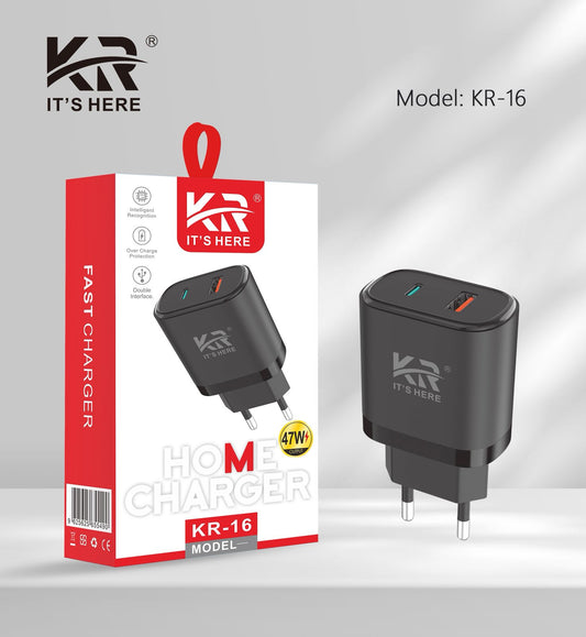 Home Fast Charger 47W, Dual Port USB & Type-C, Overcharge Protection, Smart Power Adapter, KR-16