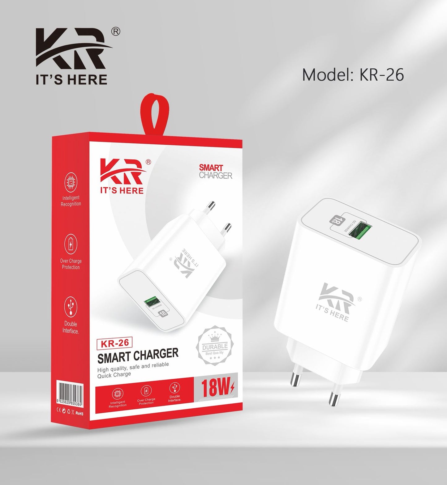 Smart Fast Charger 18W, USB Wall Adapter, Overcharge Protection, Compact & Durable, KR-26