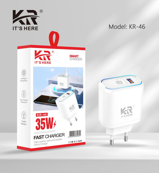 Smart Fast Charger 35W, Dual Port USB + Type-C, Safe Quick Charging Adapter, KR-46