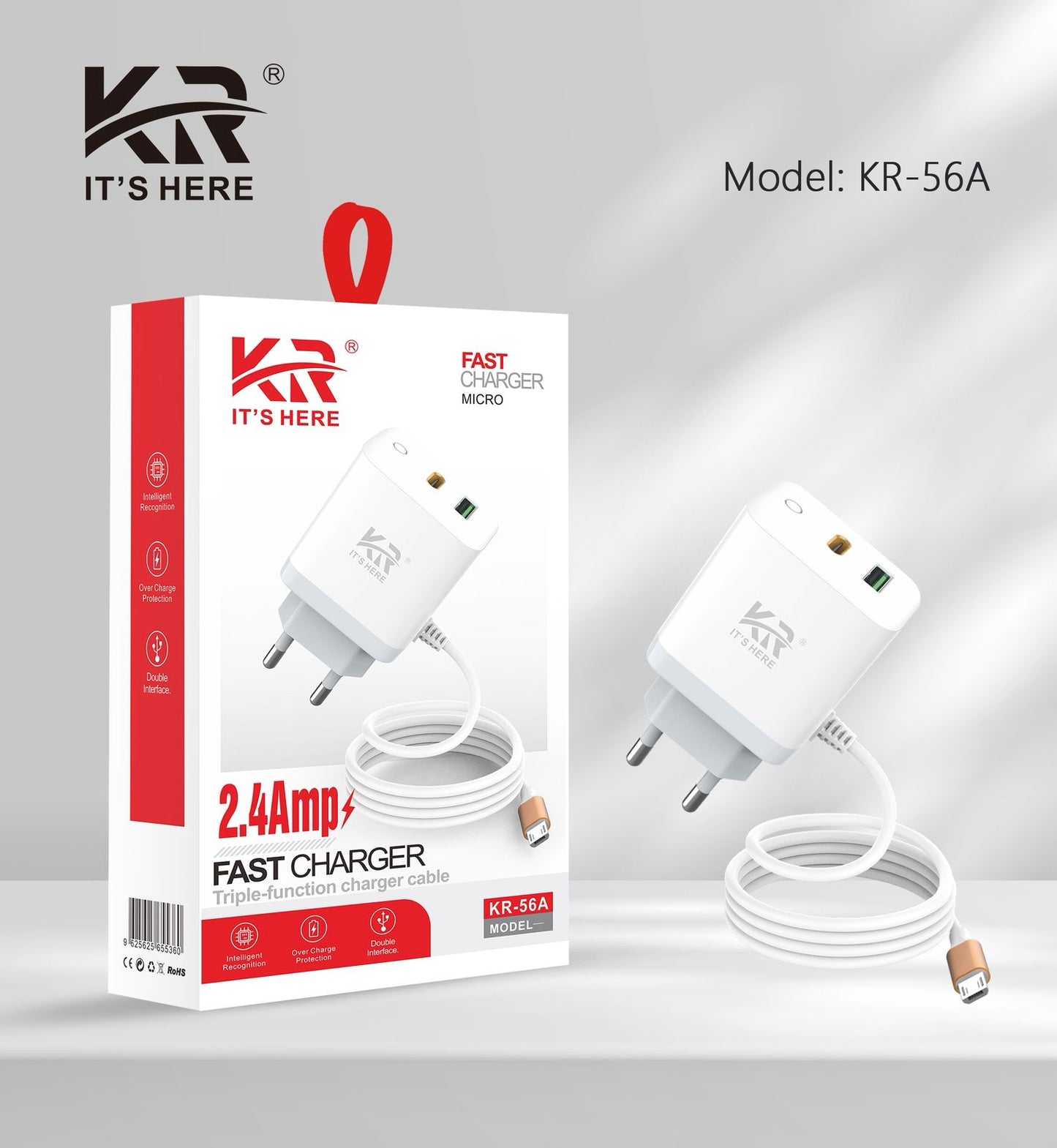 2.4Amp Fast Charger with Micro USB Cable, Dual Port, Overcharge Protection, KR-56 A
