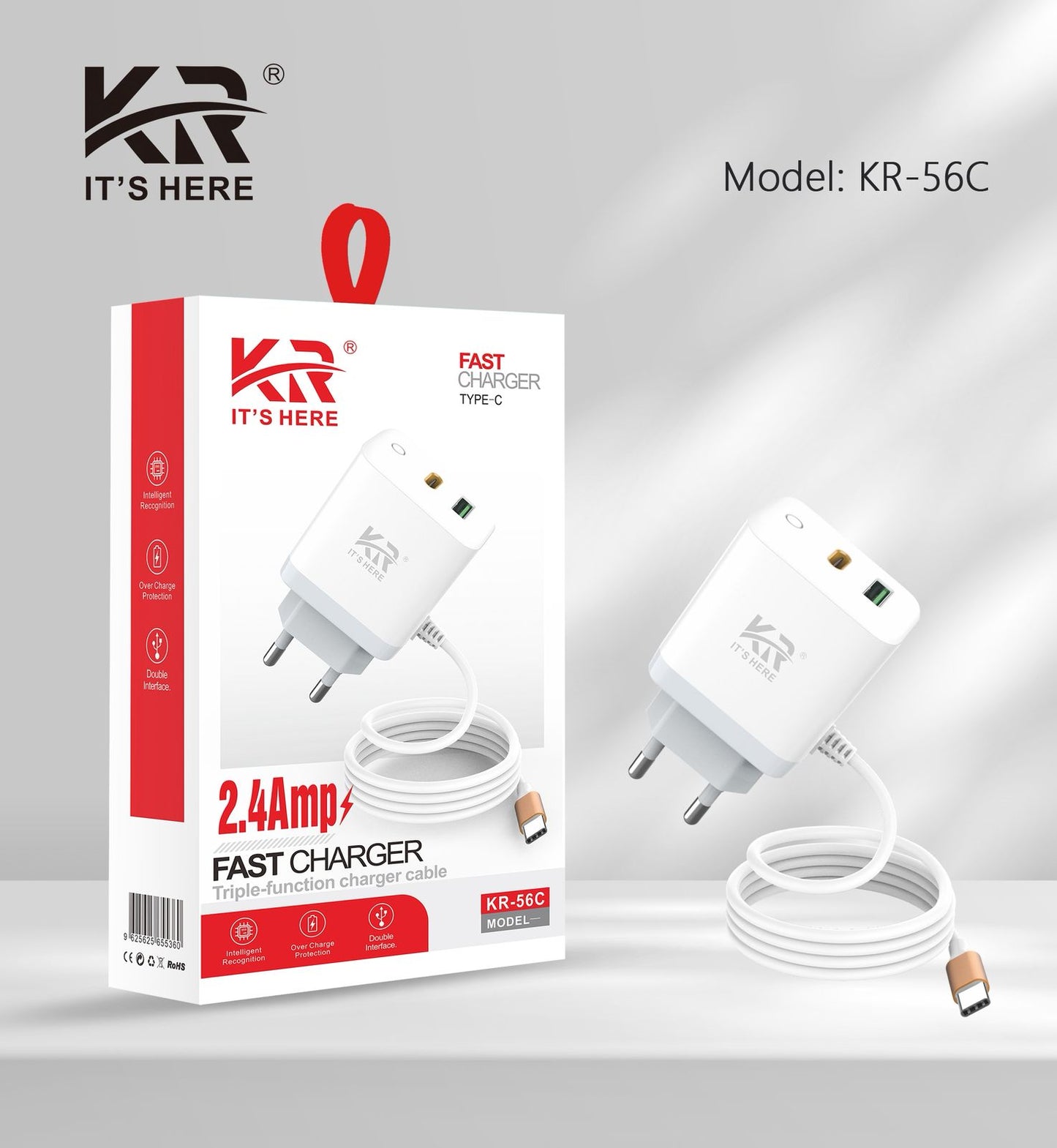 2.4Amp Fast Charger with USB C Cable, Dual Port, Overcharge Protection, KR-56C