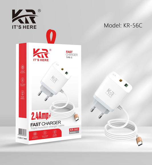 2.4Amp Fast Charger with USB C Cable, Dual Port, Overcharge Protection, KR-56C