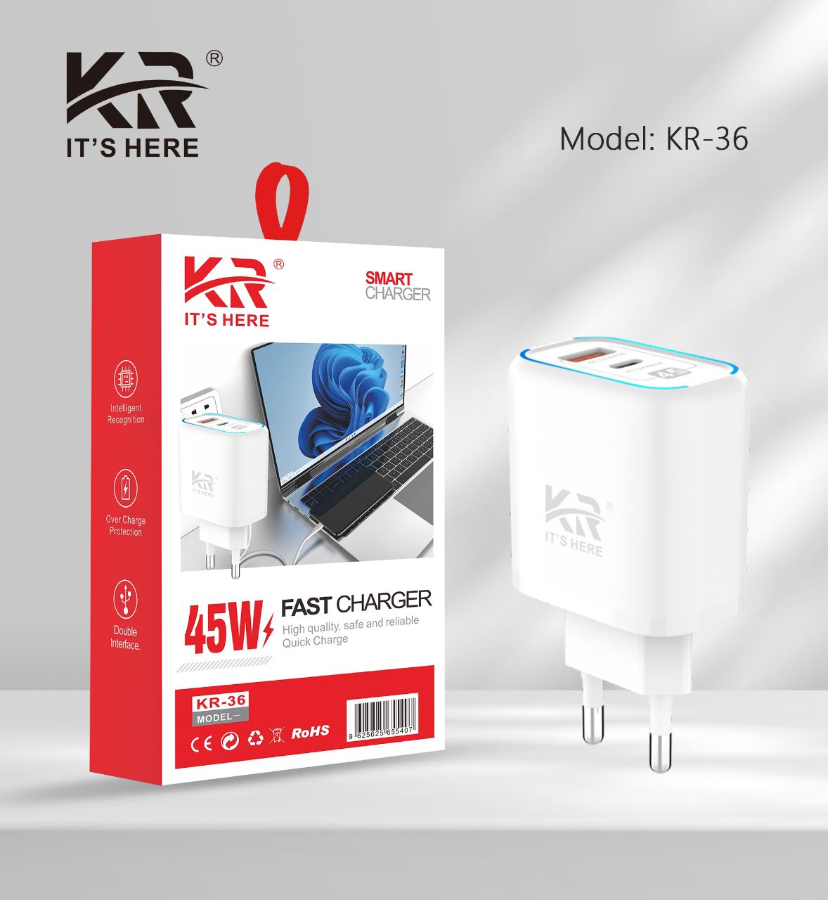 Smart Fast Charger 45W, Dual Port USB & Type-C, Quick Charge Adapter, KR-36