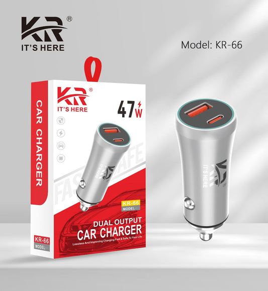 Dual Output Fast Car Charger, 47W, USB + Type-C, High-Speed Mobile Charging, KR-66
